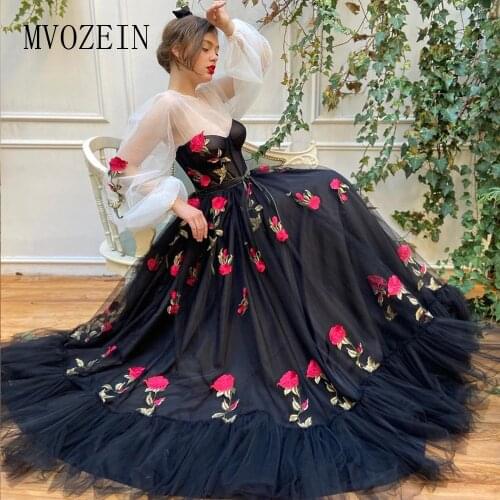 MVOZEIN Tulle Prom Dresses A-Line Full Sleeves Rulf Embroidery Flower Long Evening Dress Party Wear Formal Gown vestido de festa