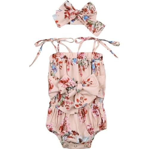 0-18M 2Pcs Toddler Summer Outfits, Floral Tied Spaghetti Straps Rompers + Bowknot Hairband Suit for Baby Girls Holiday
