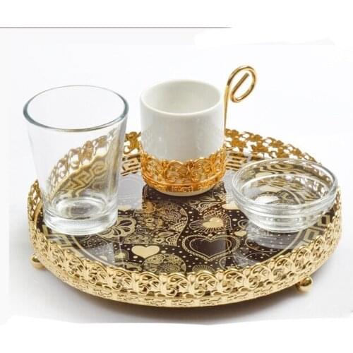 Anatolian Copper Ottoman Turkish Tea Coffee Espresso Cups Set - 1 Cup 1 Glass 1 Mirror Tray 1 Sugar Bowl Made in Turkey Gift Box