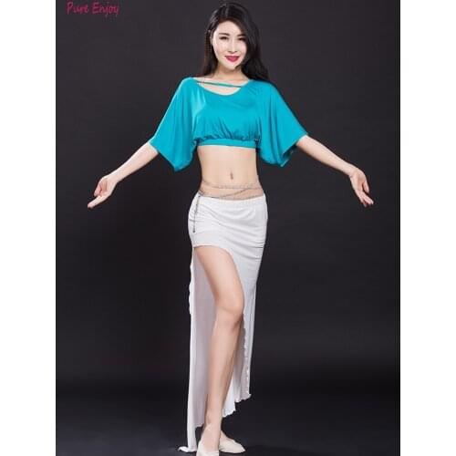 New Women Bellydance Costume 2 Piece Set Sexy short Sleeve Oriental Dance Performance Show WearModal Blouse Side Split Skirt