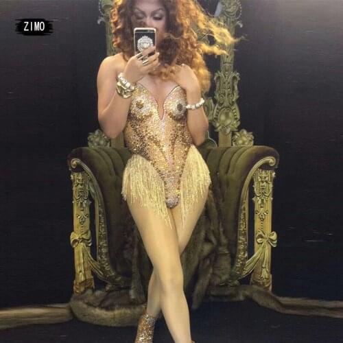 Glitter Bodysuits Women Rhinestones AB Tassel Sexy Bar Stage Performance Costume Nightclub Singer Dance Latin Show Gold burning