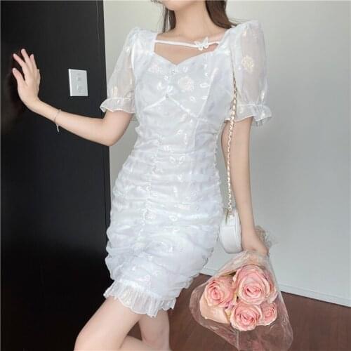 Butterfly embroidery hollow collar dress summer new super fairy white dresses 2021 new short sleeve dress kleid robe jurk