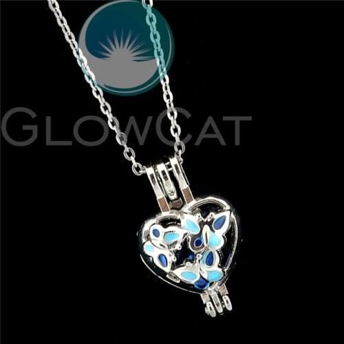 R-K994 Colors Enamel Blue Butterfly Heart Beads Cage Pendant Essential Oil Diffuser Pearl Cage Locket Necklace