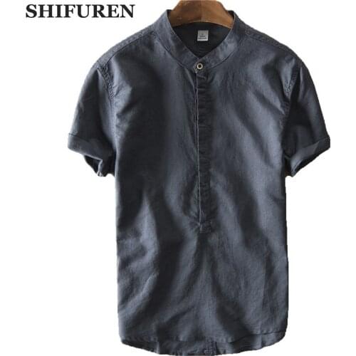 SHIFUREN Summer New Breathable Short Sleeve Cotton Linen Shirts Men Loose Fit Mandarin Collar Male Causal Dress Shirts Tops