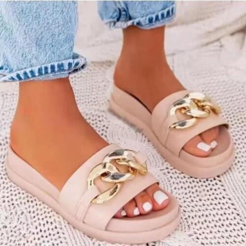 Women summer new metal buckle flat thick bottom beach slippers outdoor all-match sandals home durable slippers