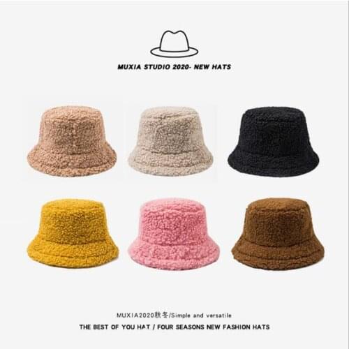 Bucket hat Lamb wool hat winter warm Fishing Caps Faux Fur Solid color Bucket Hat Men Women tide Flat Top Hats