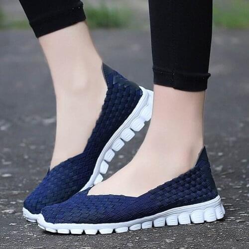 Women Shoes Summer Casual Flats Breathable Female Sneakers Woven Walking Shoes Slip On Ladies Loafers Handmade Shoes Size