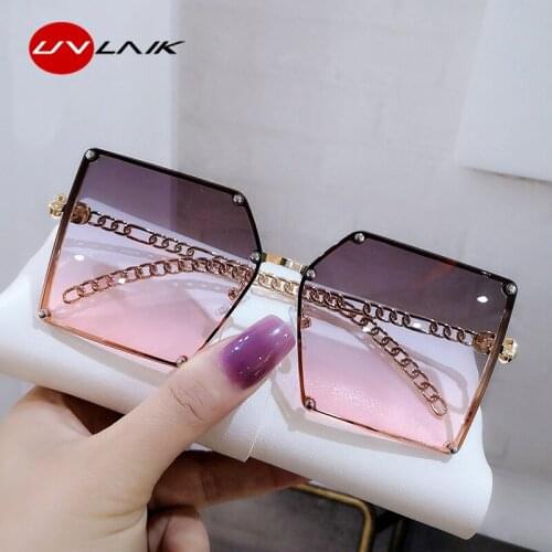 UVLAIK 2021 Luxury Brand Oversized Sunglasses Women Vintage Square Gradient Sun Glasses for Ladies Alloy Chain Frame Sunglass