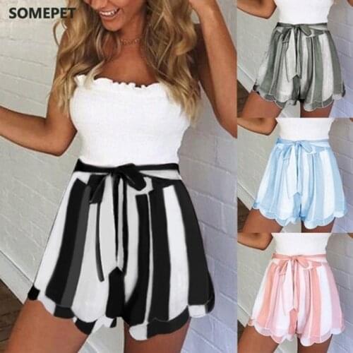 Lotus Leaf Skirt Shorts Women Edge Striped Shorts High Waist Drawstring Belted Shorts Girls Female Summer Shorts