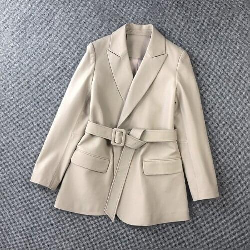 Spring autumn OL elegant belt leather Tailored Coat womens high quality genuine leather blazers coat leather jackets B349