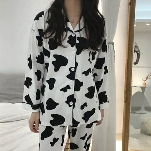 Women Cow Print Pajamas Set Cute Casual Short Sleeve Long Sleeve Spring Summer Sleepwear Pijamas Lapel MicroFiber Homewear