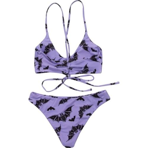 2 Pieces Swimwear Set, Female Bat Print V-Neck Spaghetti Strap Short Vest+ Bikini Panties for Adults, S/M/L