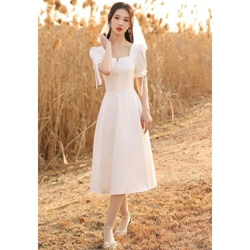 2021 New Design Square Neck Short Sleeve Satin Tea Length Backless Simple Plain Wedding Dress Bride Gown Vestidos De Novia