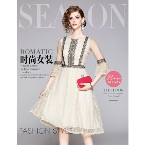 2020 New Summer Lady Dresses Lace Office Lady Solid A-Line Womens Elegant Dresses Mid-Calf Flare Sleeve Empire Party Dresses