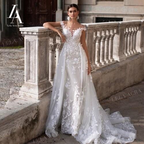 Sweetheart 2 IN 1 Detachable Train Wedding Dress Appliques Flowers Mermaid Princess Vestido De Novia LelaAcra K149 Bridal Gown