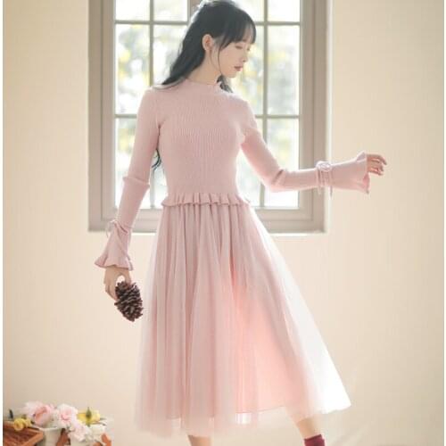 Fall Vestido midi French Retro Net Yarn Stitching Knitted Dresses Bowknot Bandage Flare Sleeve Chic Sweet Cute Pink Midi Dress