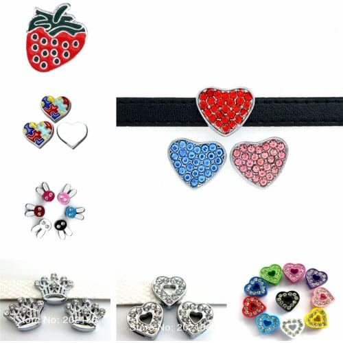 10Pcs/Lot Slider Charms For Bracelet Making Women Jewelry 8mm Rhinestone Crown Cross Heart Flower Charms DIY Pet Collar Keychain