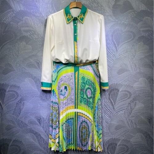 2021 Spring Womens Elegant white Shirts+floral print pleated skirts 2piece set High quality runways Skirt suit C255