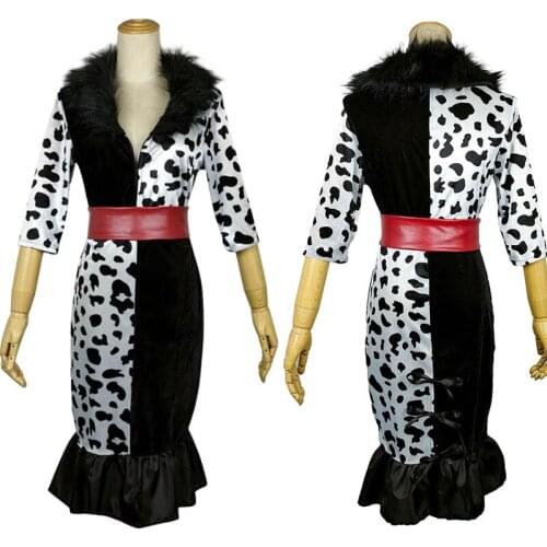 Anime Film 101 Dalmatians Cruella De Vil Cosplay Costume Dress Black And White Outfits Halloween Carnival Party Suit For Women