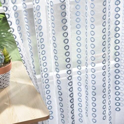 White Geometric Circle Embroidered Tulle Curtains for Living Room Bedroom Yellow Blue Window Treatment Sheer Drapes