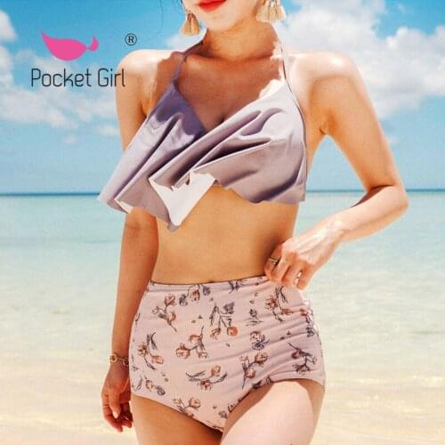 Pocket Girl 2021 Sexy High Waist Bikini Women Swimwear frill Biquini Pleated Swimsuit Short Sleeve Bathing Suit Pad Swimming