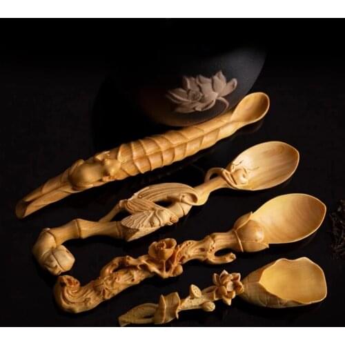 Boxwood 14cm Tea Spoon Sculpture Tea Shovel Ceremony Collection Wood Statue Tea Set Home Decor