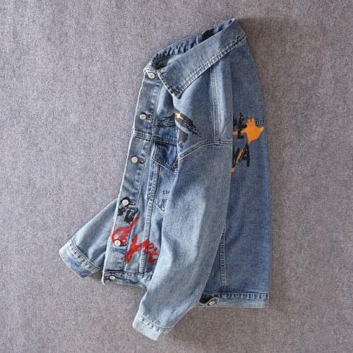 Graffiti Printing Denim Jacket Men Streetwear Loose Fit Hip Hop Outerwear Spring Mens Long Sleeve Casual Button Up Cargo Coats