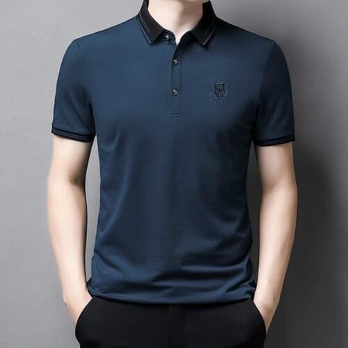 Men Turndown Collar Anti-pilling Tops Washing Resistance Leisure Office Shirt Solid Short Sleeves Embroidery T-shirt for Office