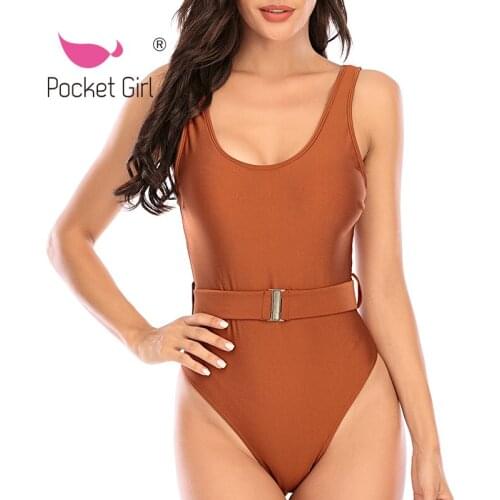 Pocket Girl 2021 Push Up One Piece Swimsuit Female Pleated Swimwear Women Bodysuit Buckle Bikini Solid Swimsuit Summer Bathers