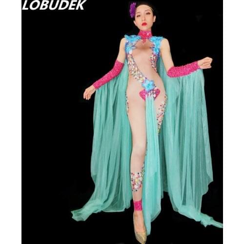 Colorful Flowers Rhinestones Jumpsuit Female Nightclub Costume Bar Party Celebration Outfit Model Catwalk Performance Stage Wear