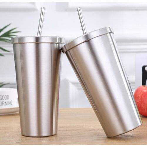 Stainless Steel Cup with Straws and Lids, Travel Vacuum Thermos Mug, Double Wall Narrow High Coffee Tumbler, Silver 24*6.5 cm