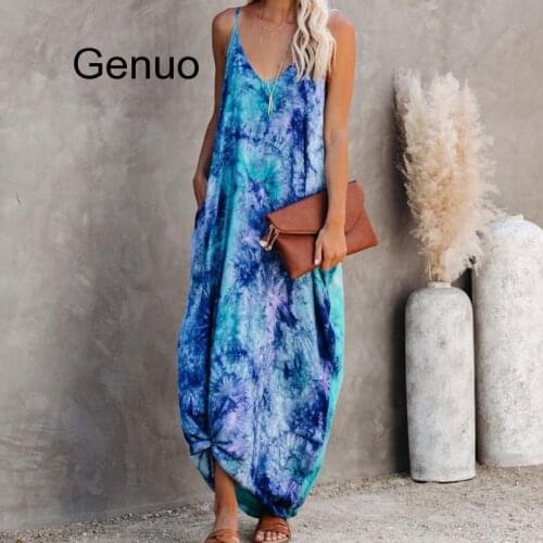 Summer Dress V-neck Spaghetti Straps Pocket Sleeveless Dresses Tie-dye Printed Loose Long Maxi Beachwear Bohemian Vestidos 2020