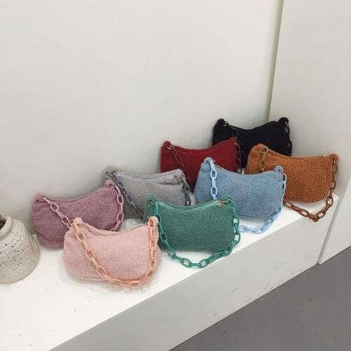 Fashion Women Pure Color Hobos Shoulder Underarm Bag Casual Ladies Autumn Winter Acrylic Chain Plush Large Capacity Handbags New