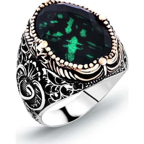 925 sterling Silver Woah Detailed Green Zircon Stone Mens Ring