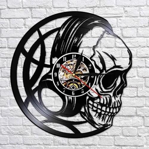 Evil Skull Headphones Vinyl Record Wall Clock Black Skull Head Clock Watch Vanitas Dark Art Decor Quartz Wall Clock Gift for Men