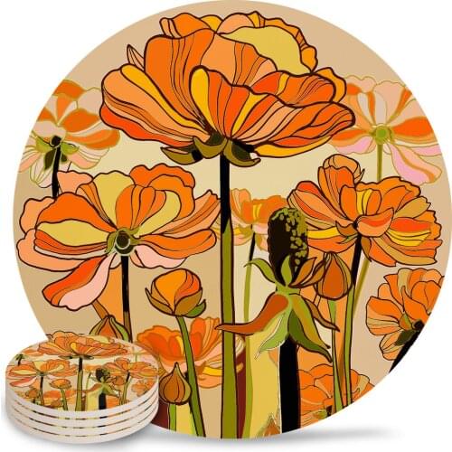 Orange Poppies Retro Flowers Coasters Waterproof Placemats for Table Christmas Home Decor Coffee Table Decor Ceramic Coasters