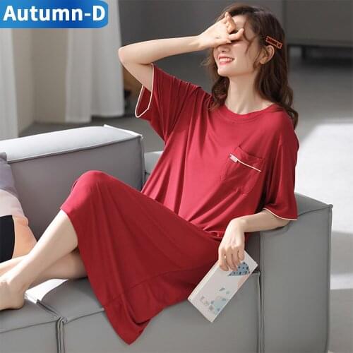 Autumn-D Woman Pajama Solid Color Nightgown Summer Leisure Wear Modal Fabric Sleepwear Homewear Crew Neck Nightwear Longuette