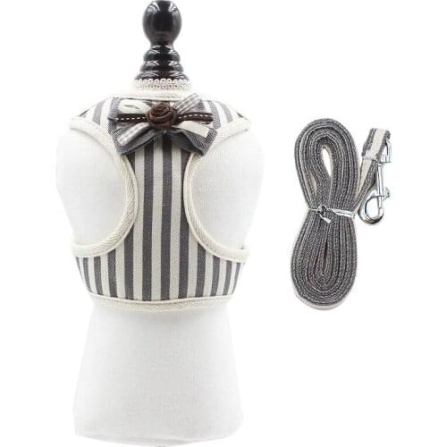 Adjustable Lovely Stripe Bow Dog Harness Leash Mesh Vest Collar Chest Strap Leash Harnesses With Traction Rope Collar for Dog