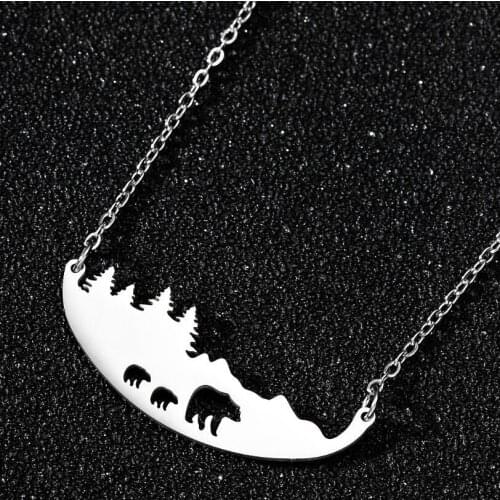 Bear Necklace Mother Baby Bear Stainless Steel Pendant Necklaces for Women Snow Mountain Tree Jewelry Various Necklace