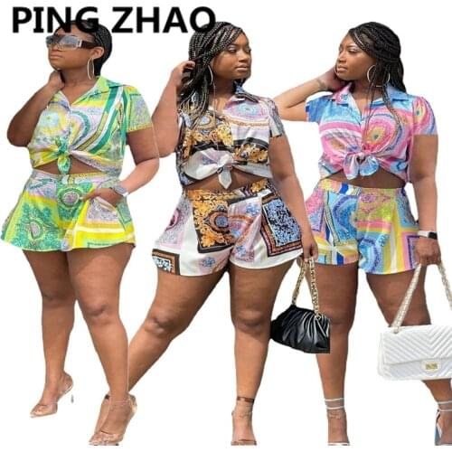 PING ZHAO Women Set Print Sleeveless Turn-down Topse Sheath Elastic Short Pants 2 Two Piece Set Fashion Outfit
