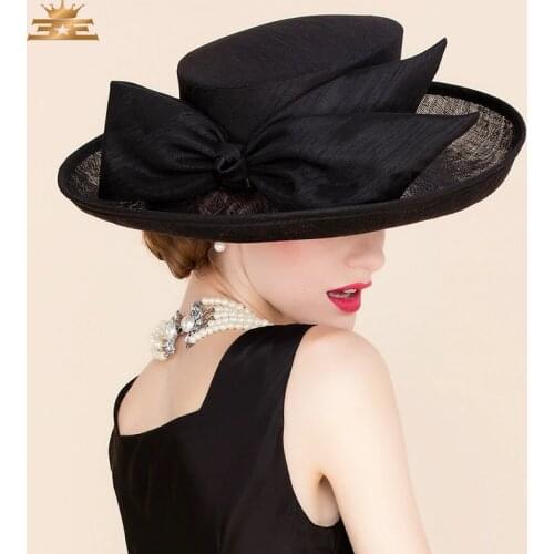 Summer Wedding Black Linen Fedora Hat For Women Large Brimmed Bowknot Dress Kentucky Derby Hats B-8173