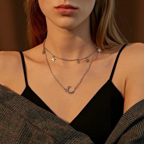 QiLuxy Vintage Multi-layer Punk Metal Necklaces for Women Moon Star Rhinestone Pendant Necklaces New Design Jewelry Gift New