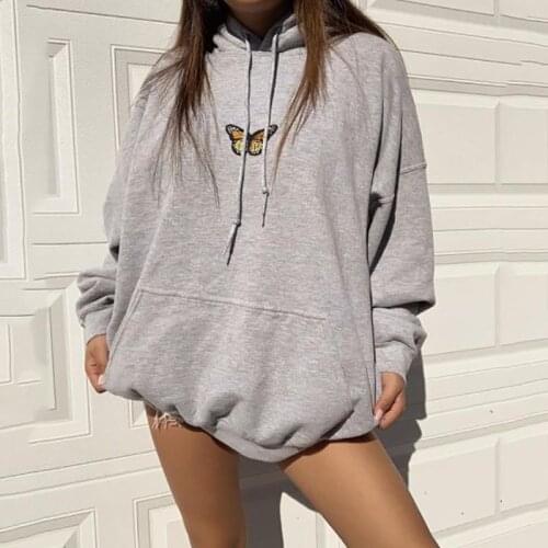 Fashion Butterfly Pattern Gray Hoodies Women Long Sleeve Loose Pullover Pocket Holiday Hip Hop Sport Casual Sweatshirt Outerwear