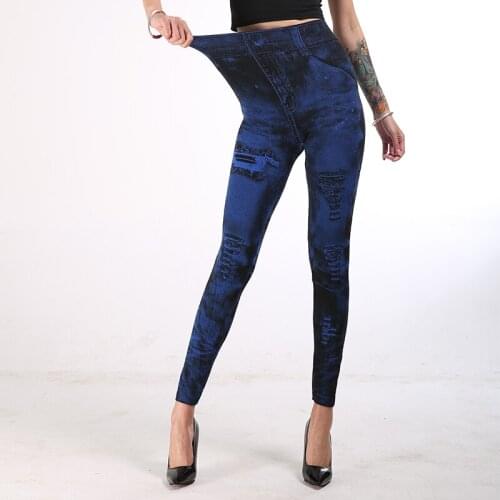Plus Size Women Leggings Seamless Jeans 2019 New Print Mock Pockets and Hole Slim Jeggings Ladies Denim Skinny Trousers