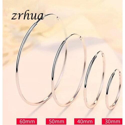 ZRHUA High Quality 925 Sterling Silver Big Round Hoop Earring for Women Girls 5 Size Suitable Party Jewelry Accessories
