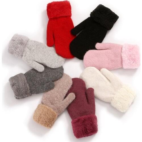 Women Winter Velvet Gloves Soft Wool Double-Layer Knitting Warm Mittens Girls Solid Color All Fingers Cashmere Gloves