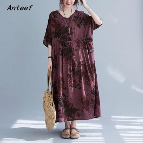 Short sleeve cotton vintage floral dresses for women casual loose long woman summer dress elegant clothes 2021
