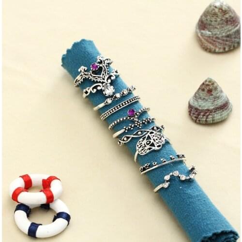 2018 Hot Sale Purple Gem Ring Set Hollow Twist Palm Crown Joint Set 10 Pieces For Women Girl Gift Party Wedding Jewelley