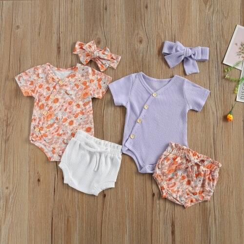 Infant Baby Girl Clothes Short Sleeve Romper + Shorts + Headband 3PCS Casual Flower Print Sweet Summer Clothing