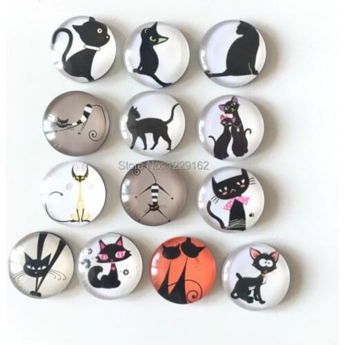 Free shipping (13pcs/lot)Black Cat Round Glass Fridge Magnet Cartoon Animal Message sticker for kids Kitchen home Decor